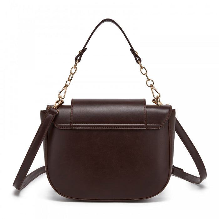 PU Saddle Bag with Chain-Accent Top Handle and Adjustable Strap – Coffee