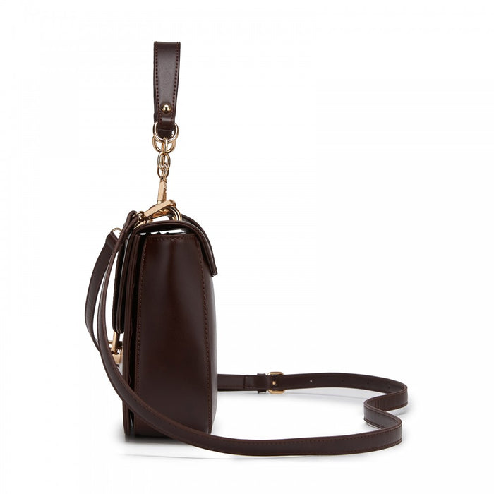 PU Saddle Bag with Chain-Accent Top Handle and Adjustable Strap – Coffee