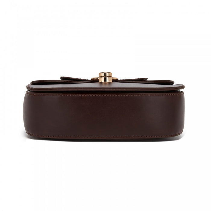 PU Saddle Bag with Chain-Accent Top Handle and Adjustable Strap – Coffee