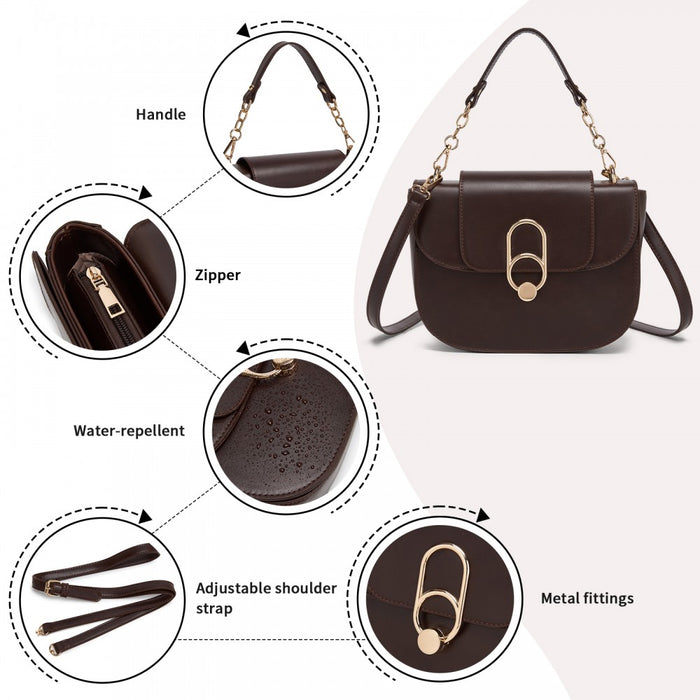 PU Saddle Bag with Chain-Accent Top Handle and Adjustable Strap – Coffee
