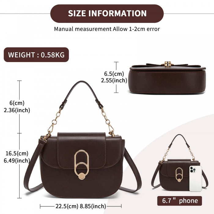 PU Saddle Bag with Chain-Accent Top Handle and Adjustable Strap – Coffee