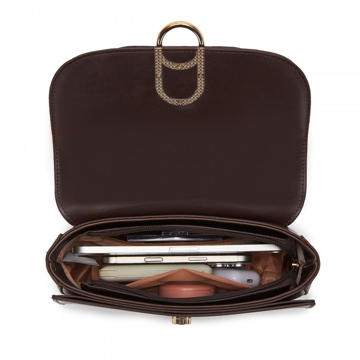 PU Saddle Bag with Chain-Accent Top Handle and Adjustable Strap – Coffee