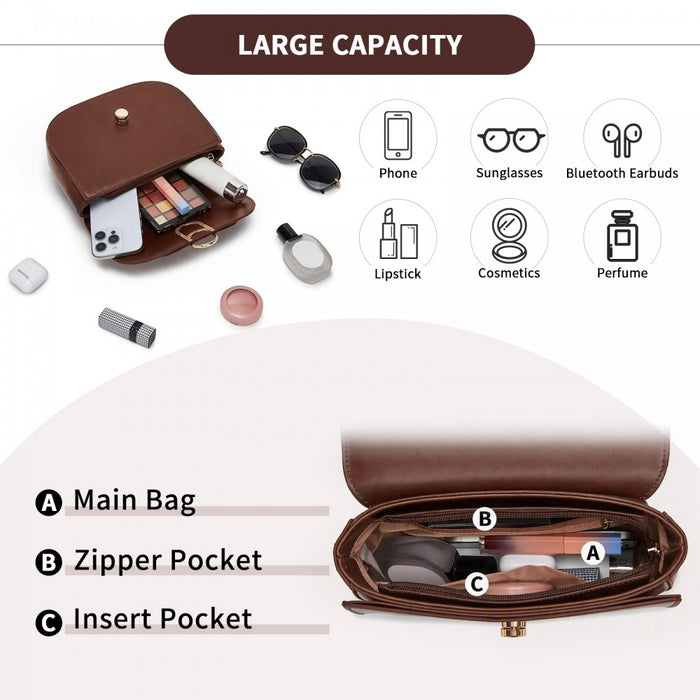 PU Saddle Bag with Chain-Accent Top Handle and Adjustable Strap – Light Brown