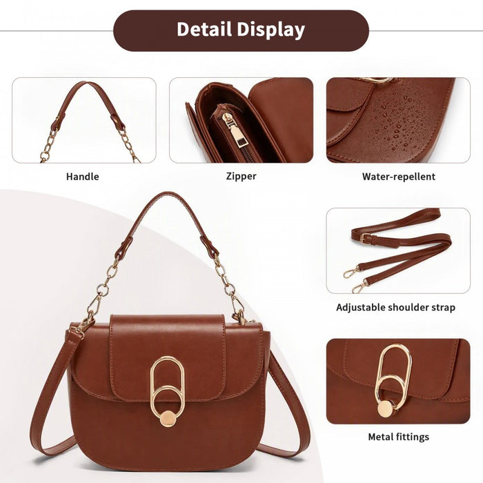PU Saddle Bag with Chain-Accent Top Handle and Adjustable Strap – Light Brown