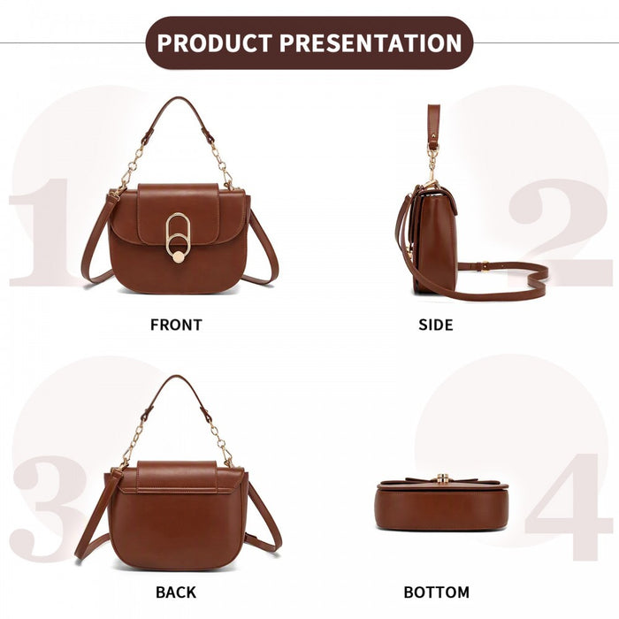 PU Saddle Bag with Chain-Accent Top Handle and Adjustable Strap – Light Brown