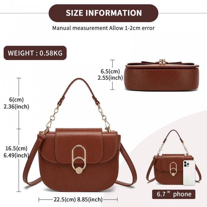 PU Saddle Bag with Chain-Accent Top Handle and Adjustable Strap – Light Brown