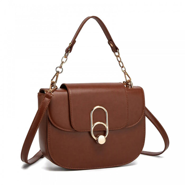 PU Saddle Bag with Chain-Accent Top Handle and Adjustable Strap – Light Brown