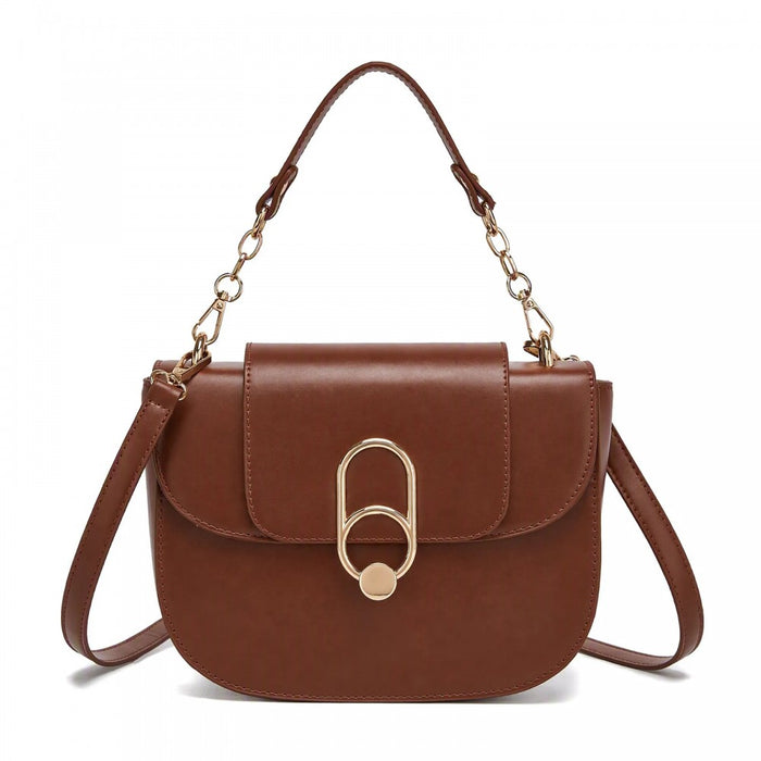PU Saddle Bag with Chain-Accent Top Handle and Adjustable Strap – Light Brown