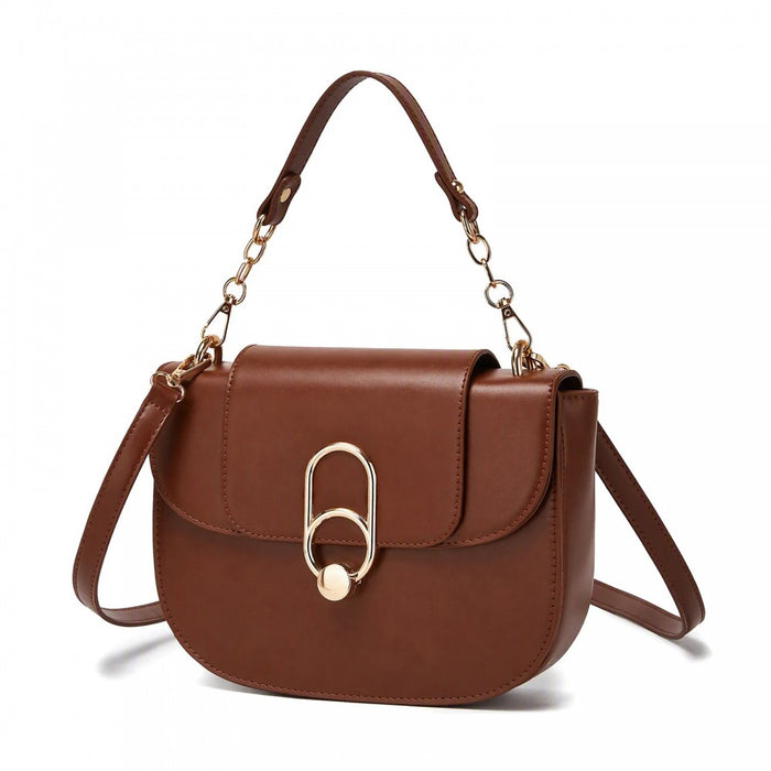PU Saddle Bag with Chain-Accent Top Handle and Adjustable Strap – Light Brown