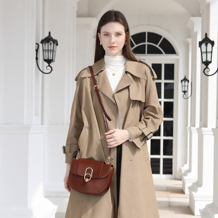 PU Saddle Bag with Chain-Accent Top Handle and Adjustable Strap – Light Brown