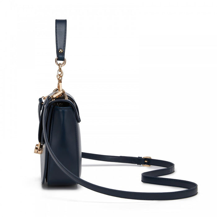 PU Saddle Bag with Chain-Accent Top Handle and Adjustable Strap – Navy