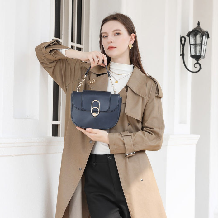 PU Saddle Bag with Chain-Accent Top Handle and Adjustable Strap – Navy