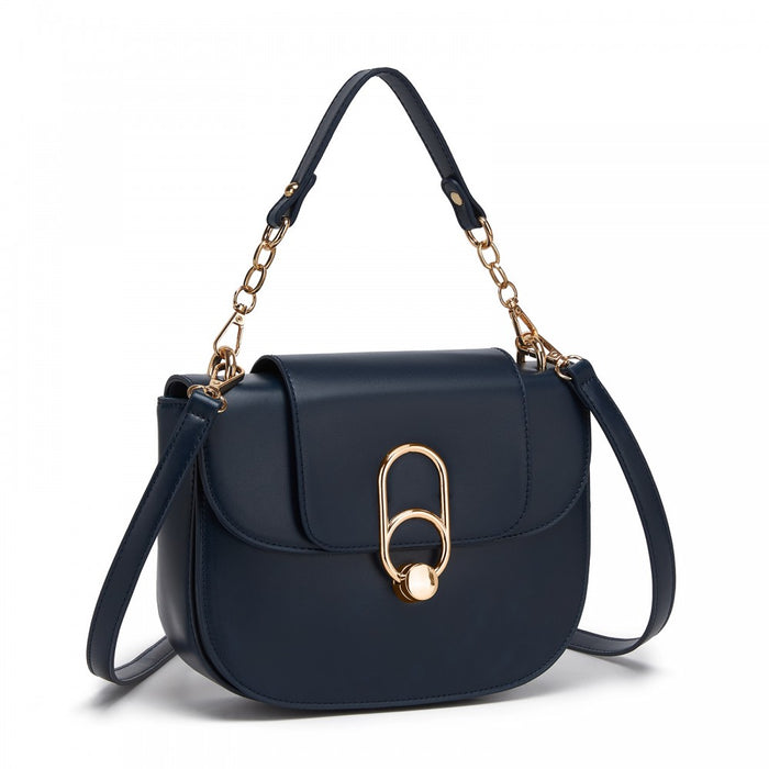 PU Saddle Bag with Chain-Accent Top Handle and Adjustable Strap – Navy