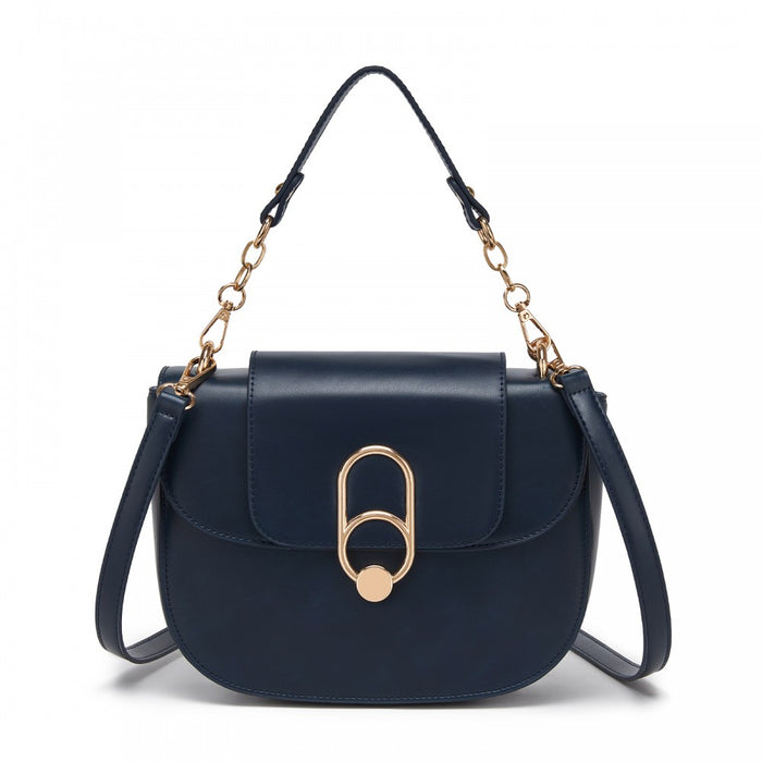 PU Saddle Bag with Chain-Accent Top Handle and Adjustable Strap – Navy