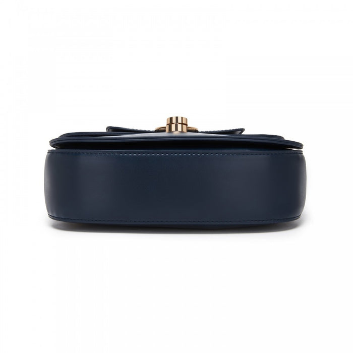 PU Saddle Bag with Chain-Accent Top Handle and Adjustable Strap – Navy