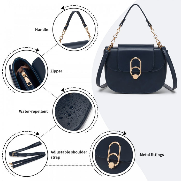 PU Saddle Bag with Chain-Accent Top Handle and Adjustable Strap – Navy