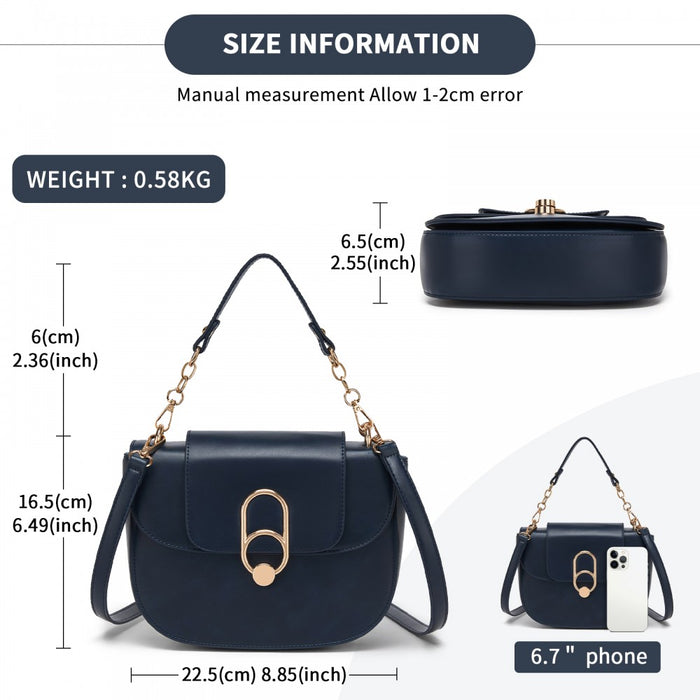PU Saddle Bag with Chain-Accent Top Handle and Adjustable Strap – Navy