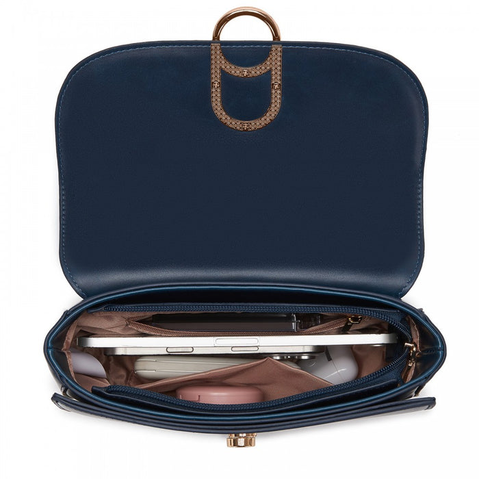 PU Saddle Bag with Chain-Accent Top Handle and Adjustable Strap – Navy