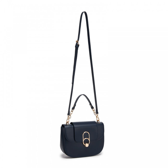 PU Saddle Bag with Chain-Accent Top Handle and Adjustable Strap – Navy