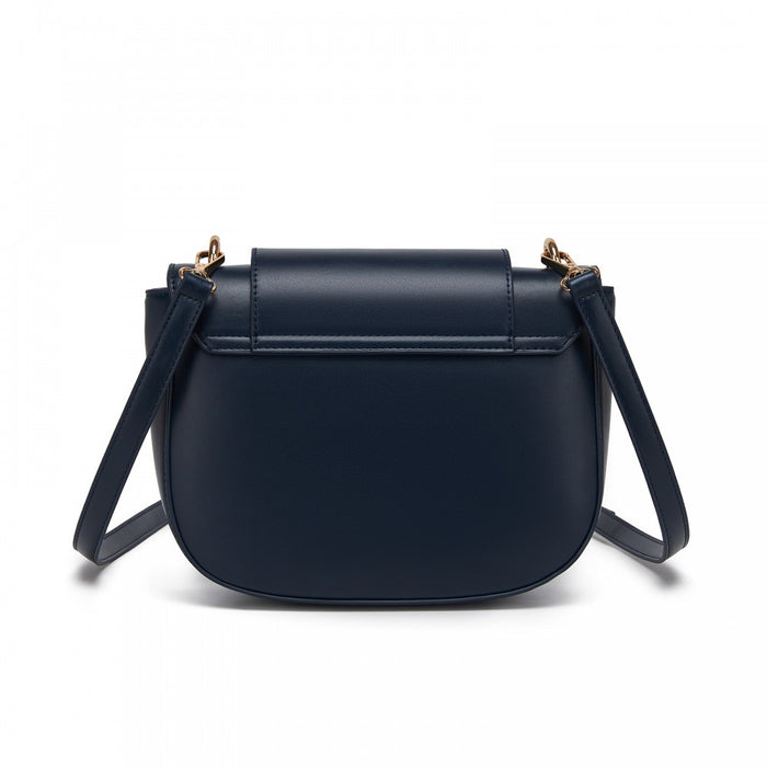 PU Saddle Bag with Chain-Accent Top Handle and Adjustable Strap – Navy