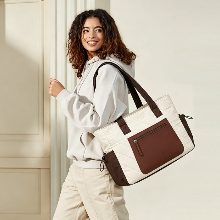 Minimalist Shoulder Bag with Laptop Sleeve and Multiple Pockets – Beige and Brown