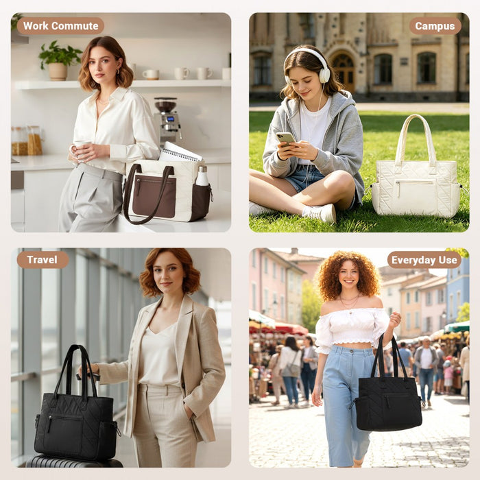 Minimalist Shoulder Bag with Laptop Sleeve and Multiple Pockets – Beige and Brown