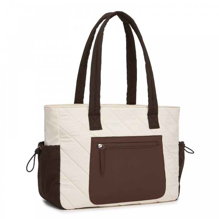 Minimalist Shoulder Bag with Laptop Sleeve and Multiple Pockets – Beige and Brown