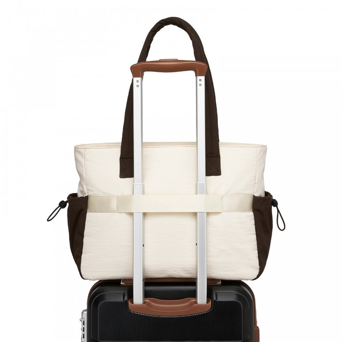 Minimalist Shoulder Bag with Laptop Sleeve and Multiple Pockets – Beige and Brown
