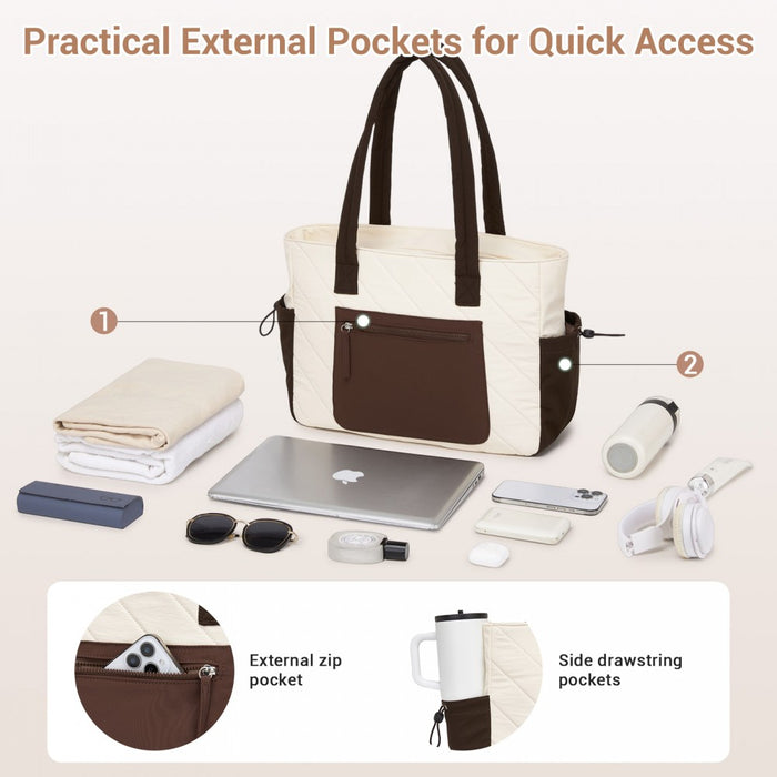 Minimalist Shoulder Bag with Laptop Sleeve and Multiple Pockets – Beige and Brown