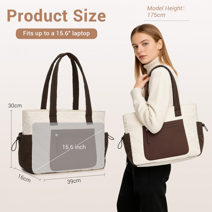 Minimalist Shoulder Bag with Laptop Sleeve and Multiple Pockets – Beige and Brown