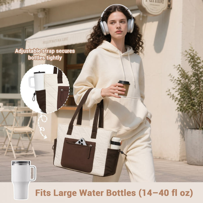 Minimalist Shoulder Bag with Laptop Sleeve and Multiple Pockets – Beige and Brown