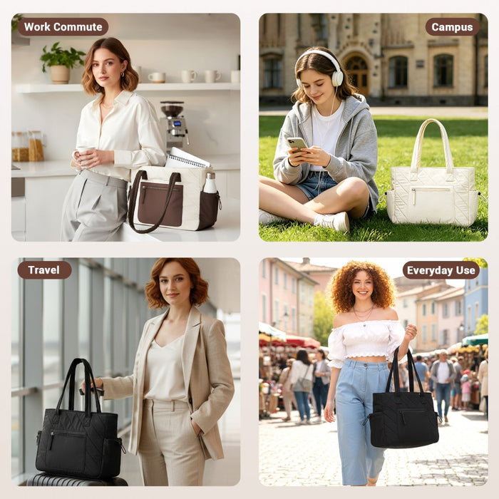 Minimalist Shoulder Bag with Laptop Sleeve and Multiple Pockets – Beige