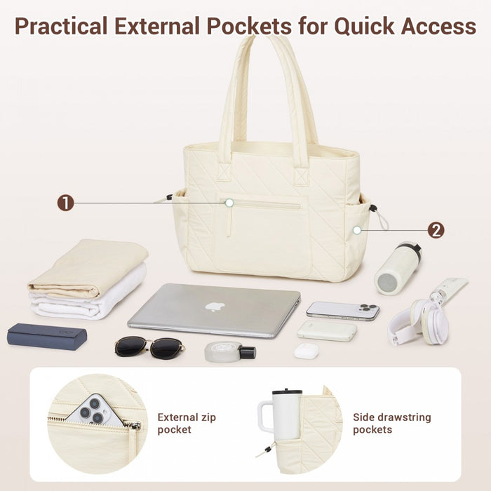 Minimalist Shoulder Bag with Laptop Sleeve and Multiple Pockets – Beige