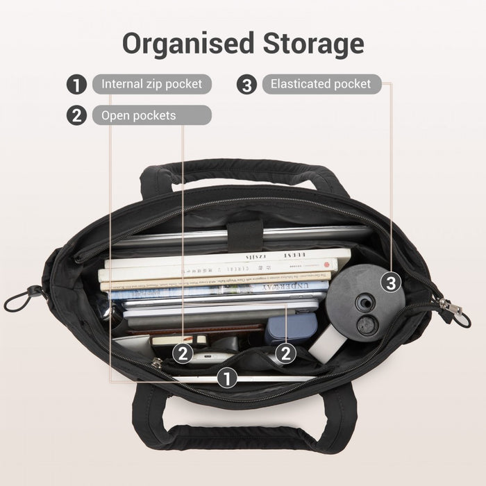 Minimalist Shoulder Bag with Laptop Sleeve and Multiple Pockets – Black