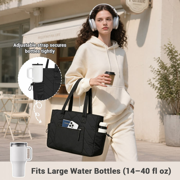 Minimalist Shoulder Bag with Laptop Sleeve and Multiple Pockets – Black
