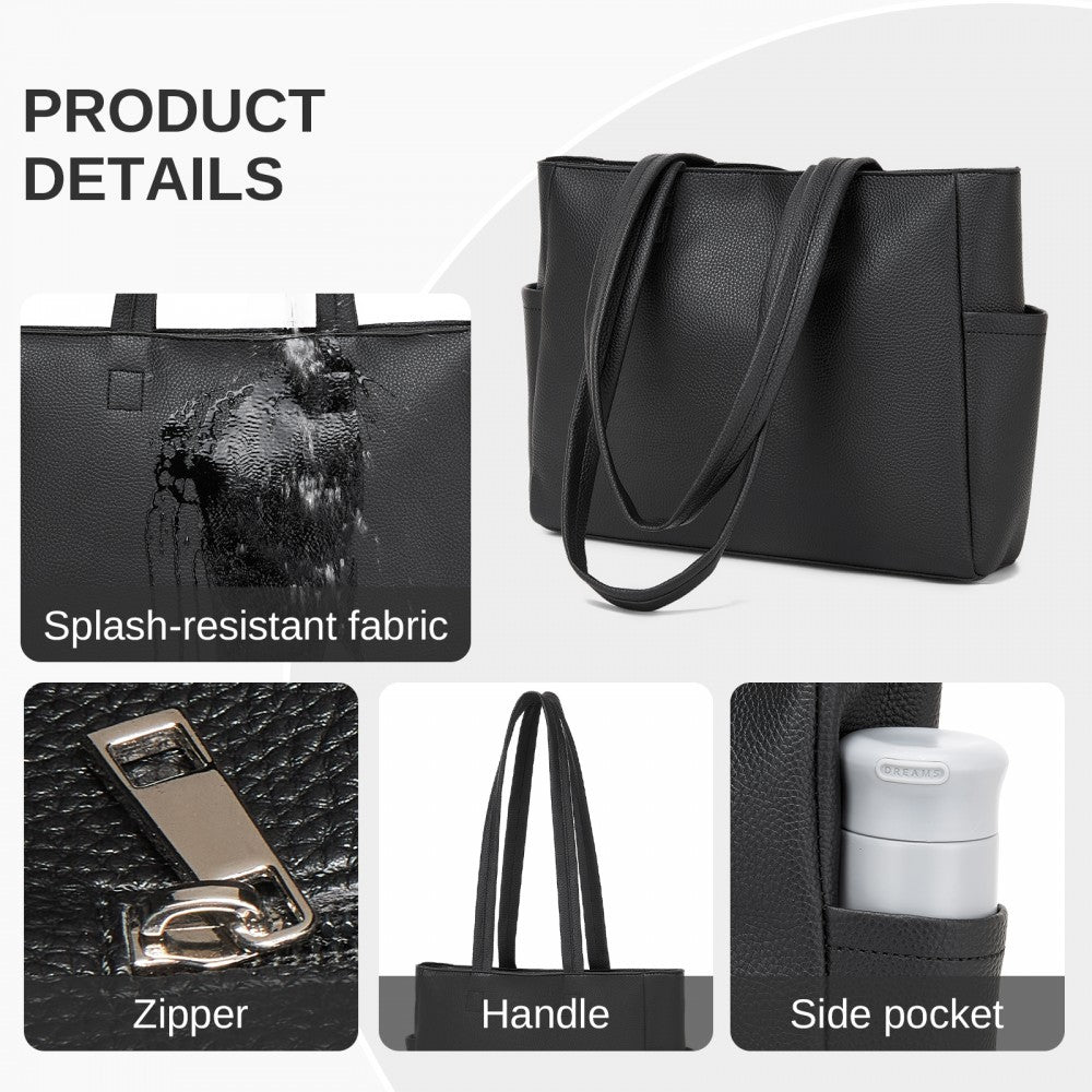 Women's Large PVC Tote Bag, 13-Inch Tablet Compartment, Commute and Shopping Handbag – Black