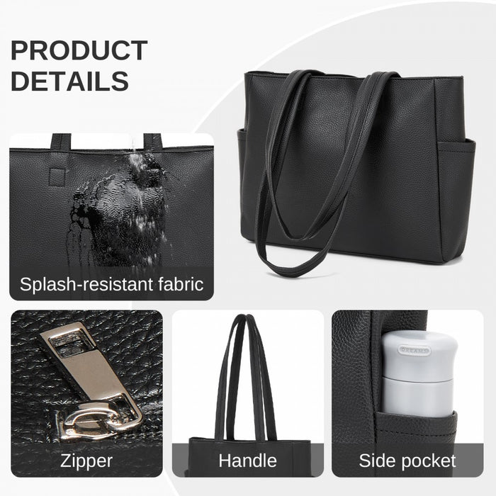 Women's Large PVC Tote Bag, 13-Inch Tablet Compartment, Commute and Shopping Handbag – Black