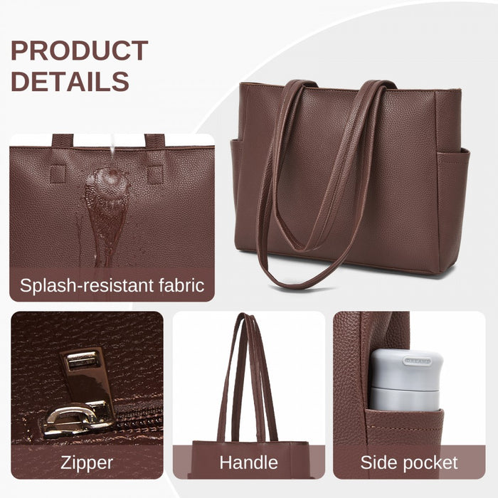 Women's Large PVC Tote Bag, 13-Inch Tablet Compartment, Commute and Shopping Handbag – Brown