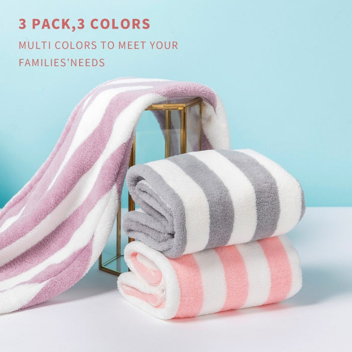 Absorbent Microfibre Coarse Stripe Hair Towel with Button Design – 3-Piece Pack