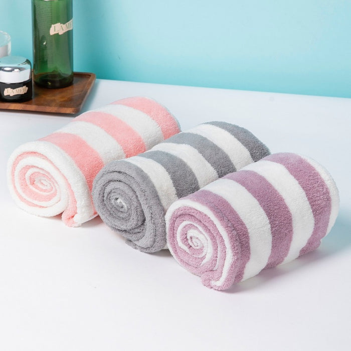 Absorbent Microfibre Coarse Stripe Hair Towel with Button Design – 3-Piece Pack