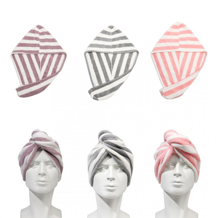 Absorbent Microfibre Coarse Stripe Hair Towel with Button Design – 3-Piece Pack