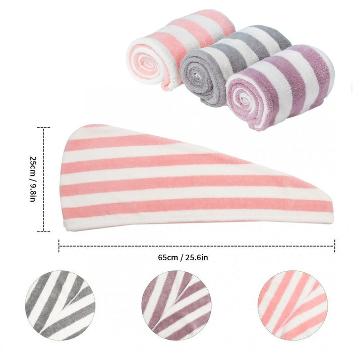 Absorbent Microfibre Coarse Stripe Hair Towel with Button Design – 3-Piece Pack