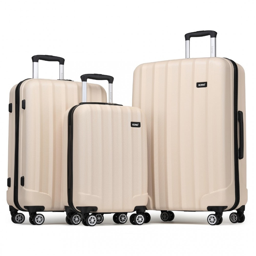 3-Piece Striped ABS+PC Hard Shell Luggage Set with 360-Degree Spinner Wheels – 19/24/28-Inch – Beige