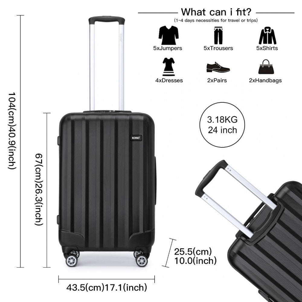 Striped ABS+PC Hard Shell Luggage with 360-Degree Spinner Wheels – 24-Inch – Black