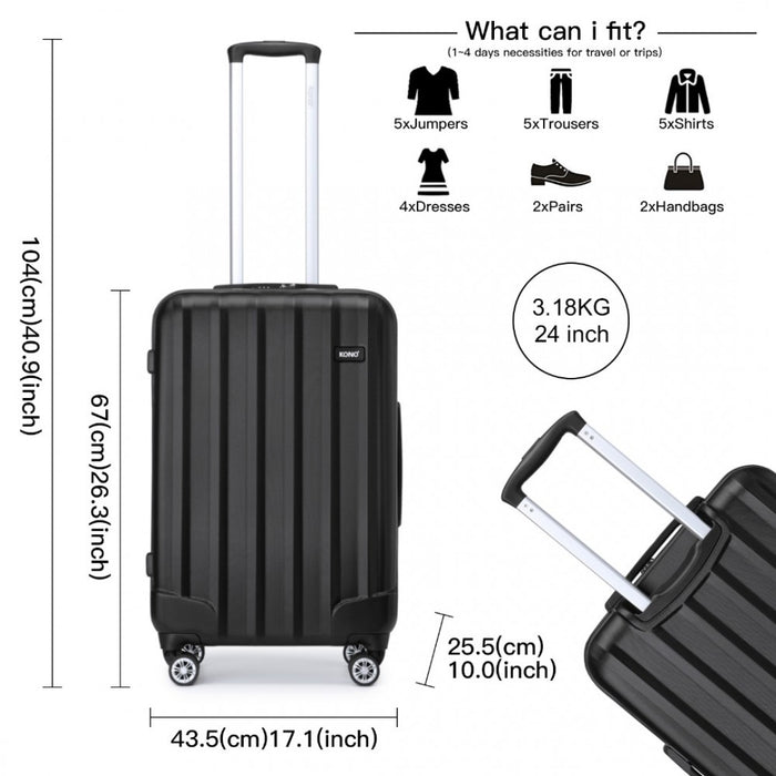 Striped ABS+PC Hard Shell Luggage with 360-Degree Spinner Wheels – 24-Inch – Black
