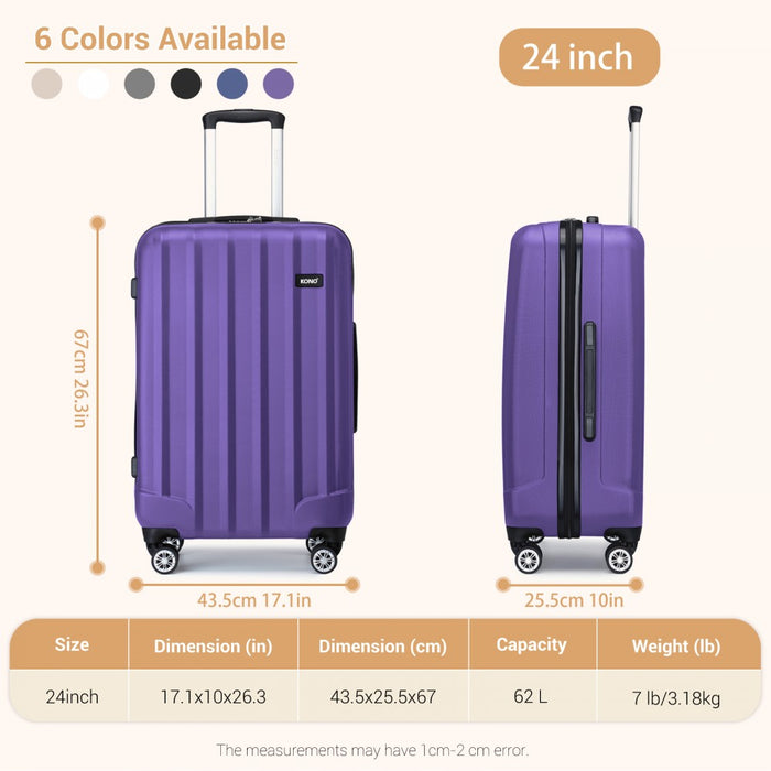 Striped ABS+PC Hard Shell Luggage with 360-Degree Spinner Wheels – 24-Inch – Purple