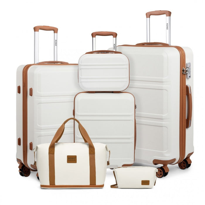 6-Piece ABS Suitcase Set with 4 Wheel Design Including Vanity Case Weekend Bag and Toiletry Bag – Cream