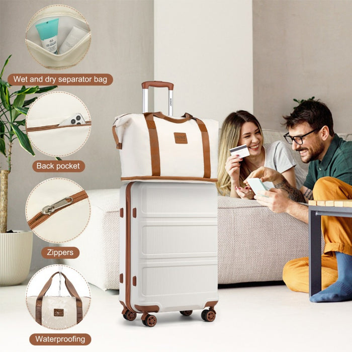 6-Piece ABS Suitcase Set with 4 Wheel Design Including Vanity Case Weekend Bag and Toiletry Bag – Cream
