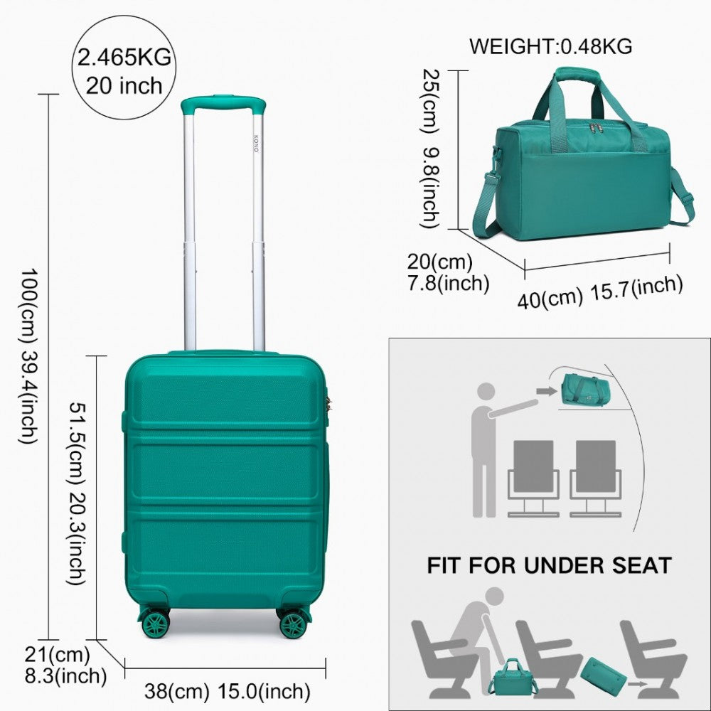 2-Piece ABS Sculpted Horizontal Design Suitcase Set with Cabin Bag – 20-Inch – Teal