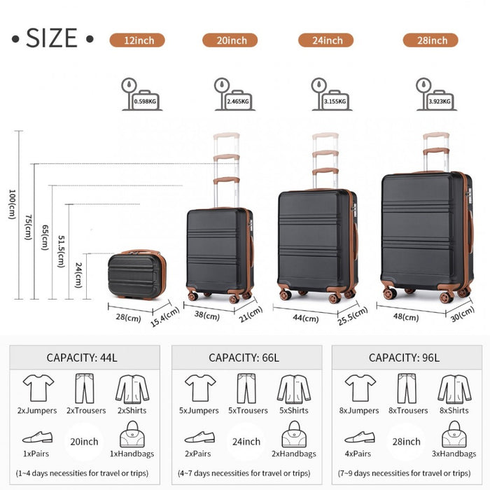 4-Piece ABS Sculpted Horizontal Design Suitcase Set with Vanity Case – Black and Brown